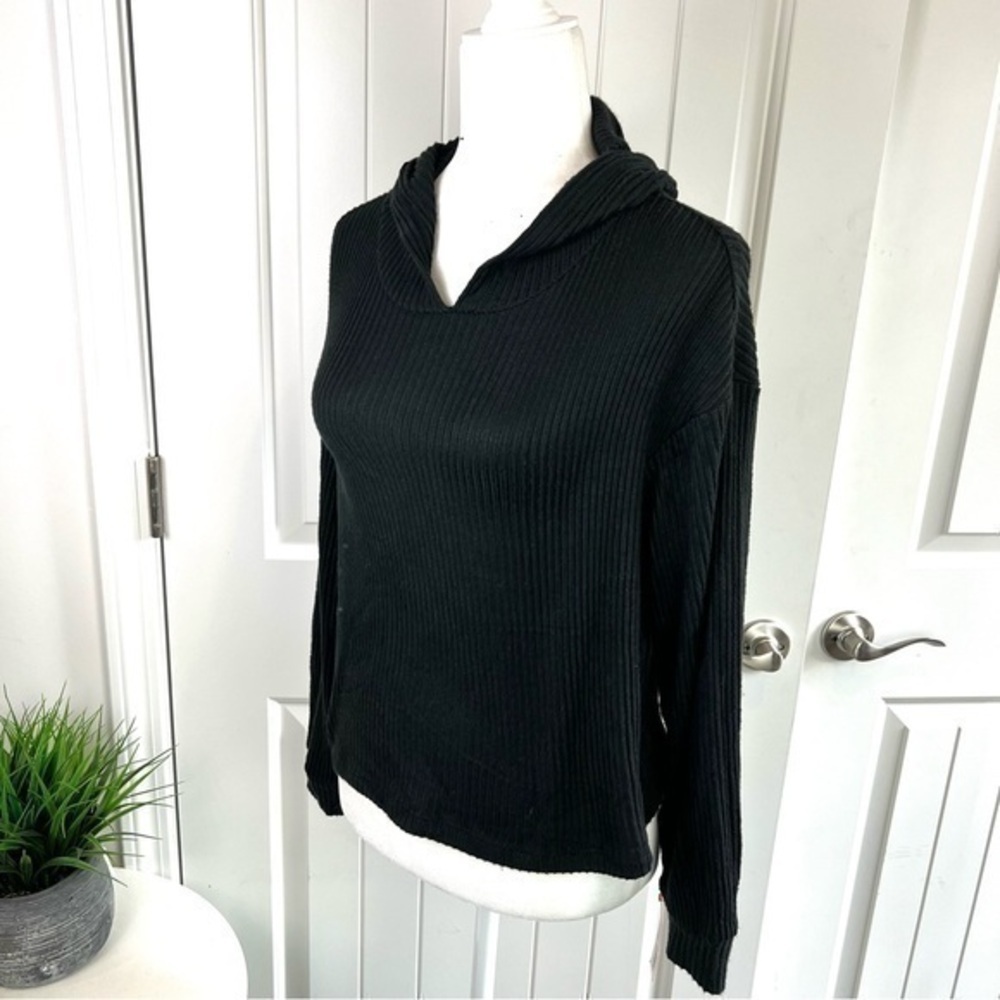 Colsie Womens Pullover Sweater Black Long Sleeve Stretch Ribbed Hooded XS